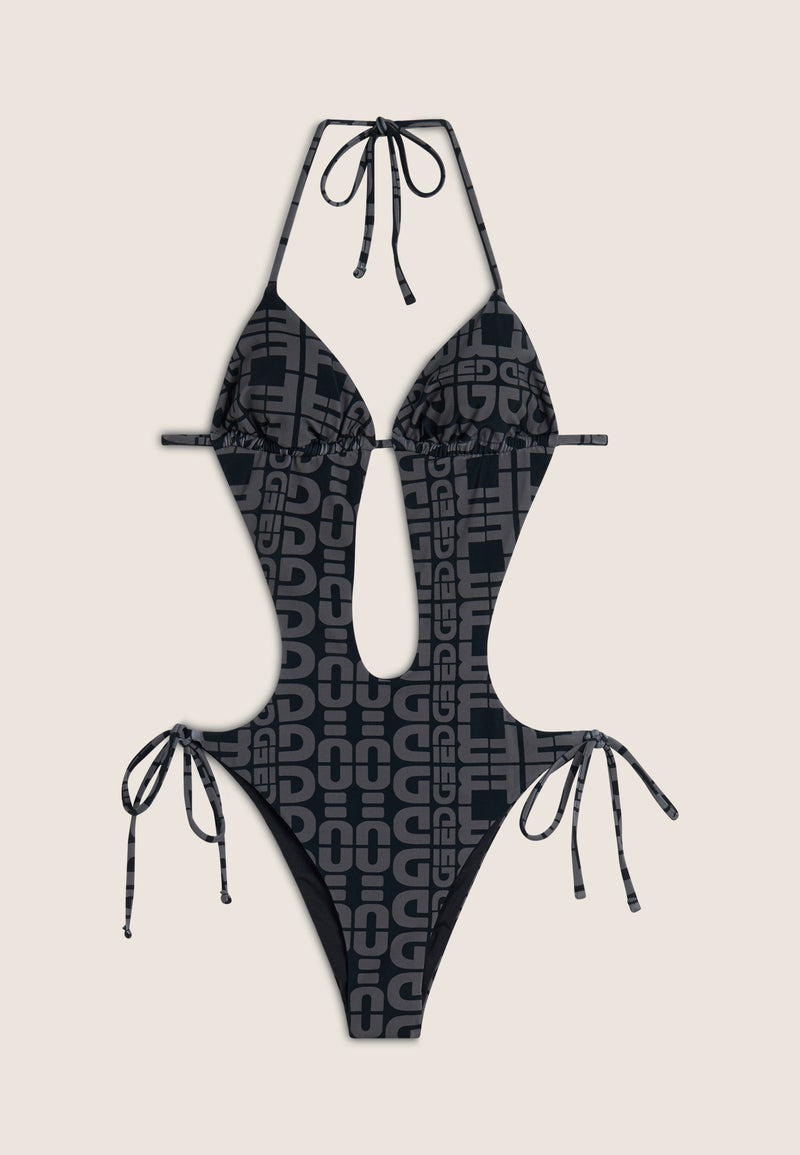 Einteiliger Badeanzug mit Cut-outs und Allover-Logo-Print - BLACK