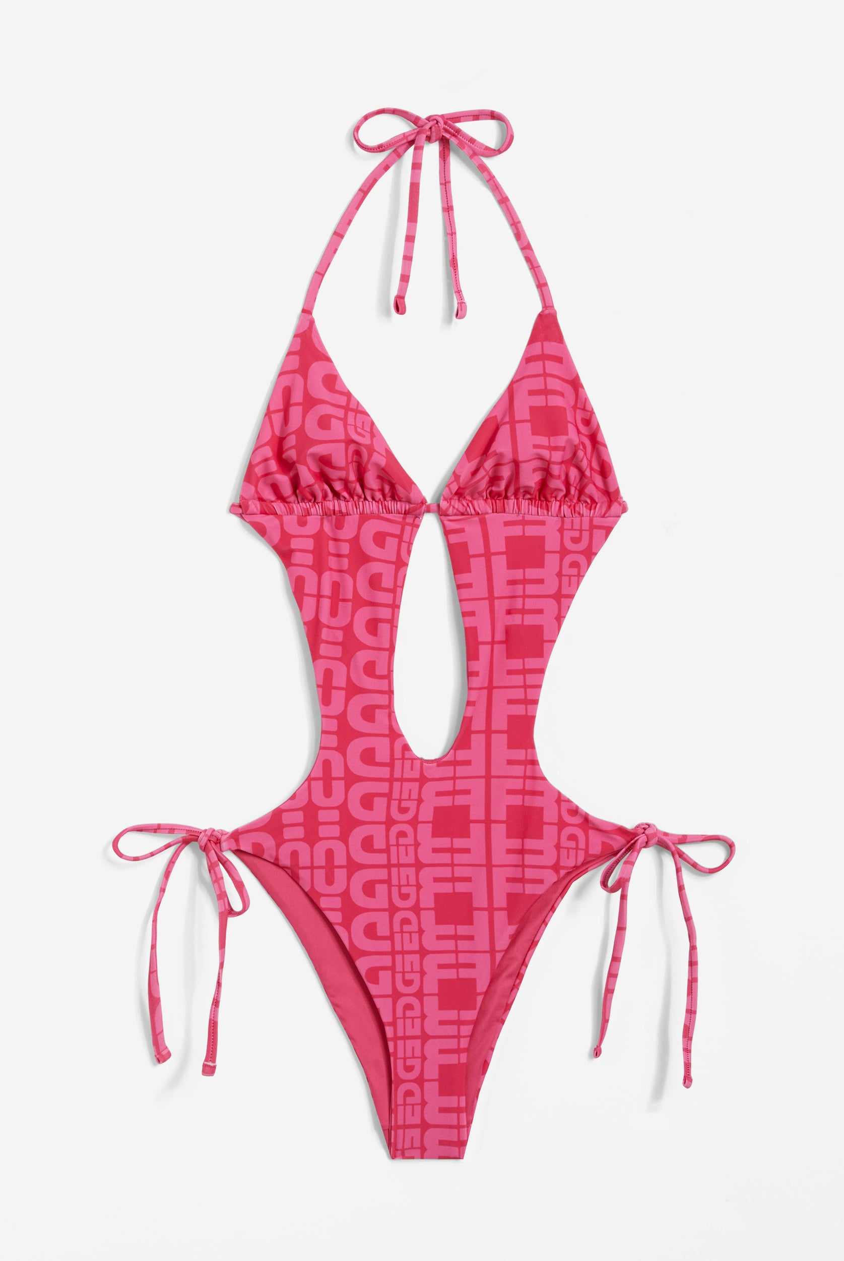 Einteiliger Badeanzug mit Cut-outs und Allover-Logo-Print - FUCHSIA