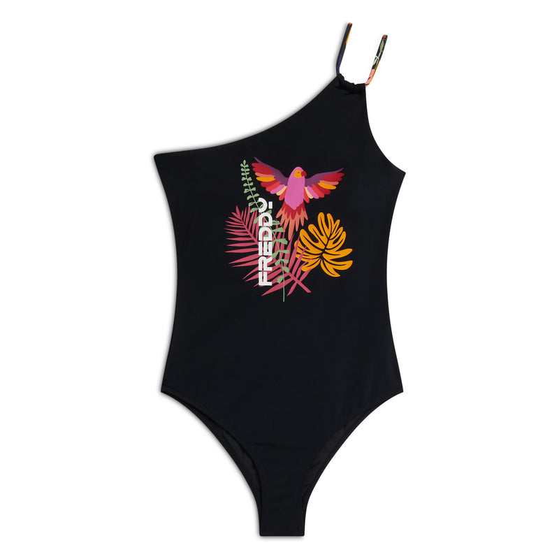 Ein-Schulter Badeanzug mit Aufdruck - BLACK