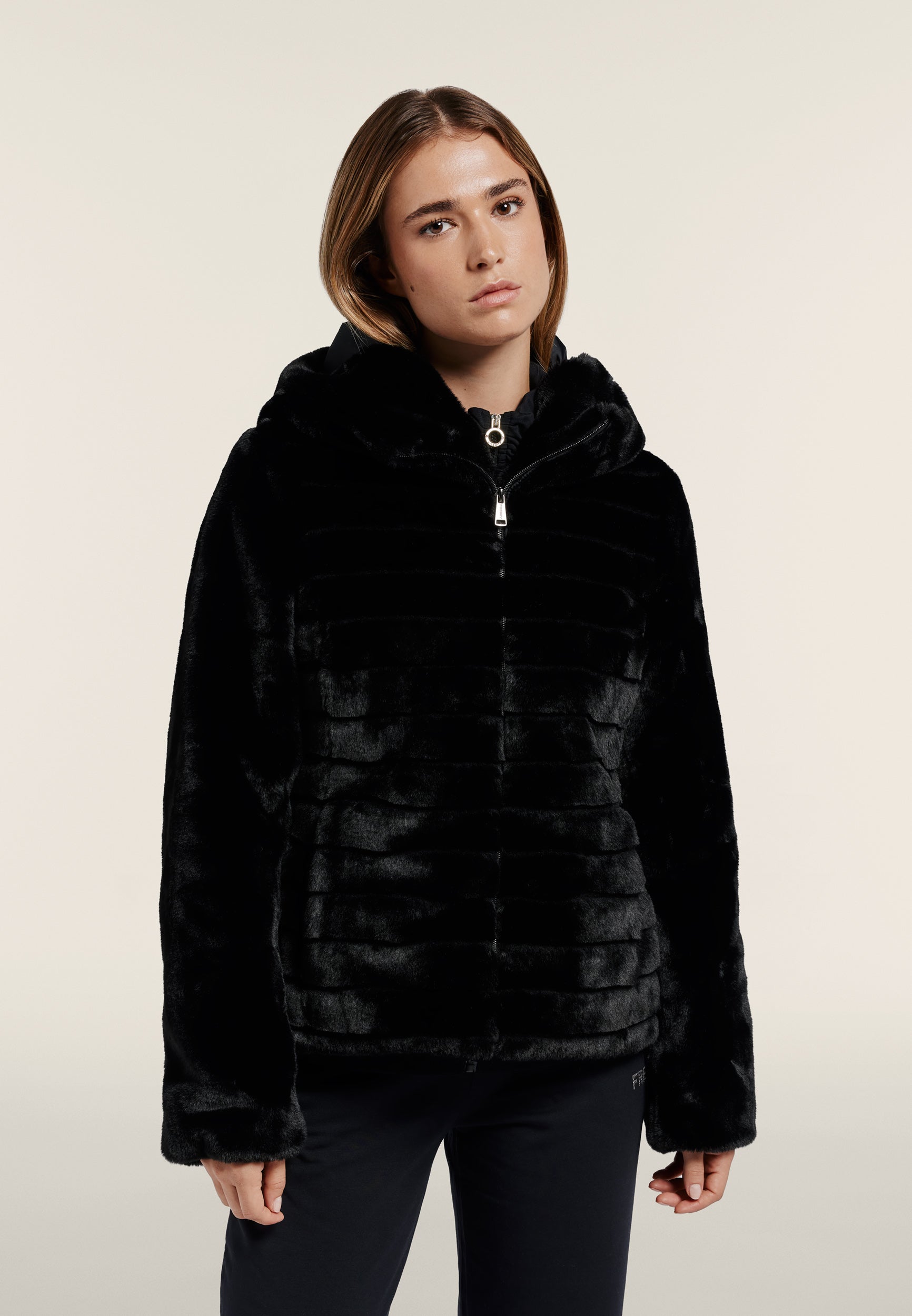 Synthetic fur hooded jacket with striped effect - Black